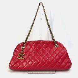 Pre Owned Chanel Red Gold CC Mark Double Chain Shoulder Bag