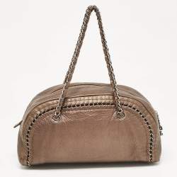 Pre Owned Chanel Bronze Leather Medium Chain Trim Luxe Ligne Bowler Bag