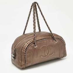 Pre Owned Chanel Bronze Leather Medium Chain Trim Luxe Ligne Bowler Bag