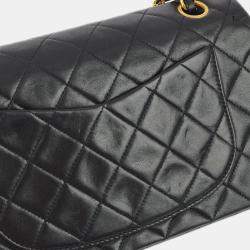 Pre Owned Chanel Black Lambskin Small Classic Double Flap Shoulder Bag