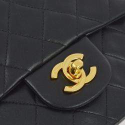 Pre Owned Chanel Black Lambskin Small Classic Double Flap Shoulder Bag