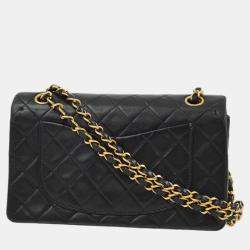 Pre Owned Chanel Black Lambskin Small Classic Double Flap Shoulder Bag