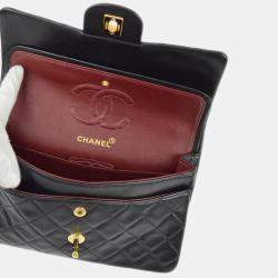 Pre Owned Chanel Black Lambskin Small Classic Double Flap Shoulder Bag