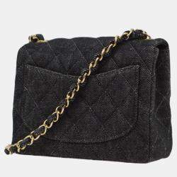 Pre Owned Chanel Black Denim Mini Classic Square Flap Shoulder Bag 17