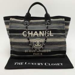 Chanel Grey Striped Canvas and Leather Large Deauville Shopper Tote