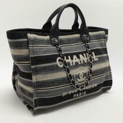 Chanel Grey Striped Canvas and Leather Large Deauville Shopper Tote
