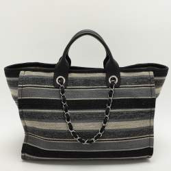 Chanel Grey Striped Canvas and Leather Large Deauville Shopper Tote