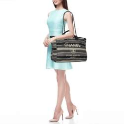 Chanel Grey Striped Canvas and Leather Large Deauville Shopper Tote