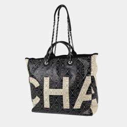 Chanel Black Printed Coated Canvas Logo Camellia Shopping Tote Bag