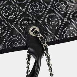 Chanel Black Printed Coated Canvas Logo Camellia Shopping Tote Bag