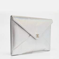 Pre Owned Chanel Silver Iridescent Embossed Leather CC Envelope Clutch