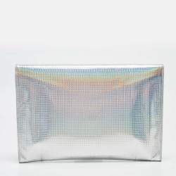 Pre Owned Chanel Silver Iridescent Embossed Leather CC Envelope Clutch