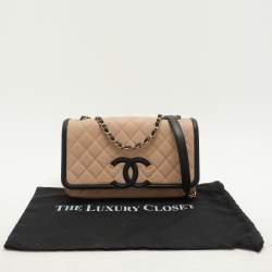 Chanel Beige/Black Leather Medium CC Filigree Flap Bag