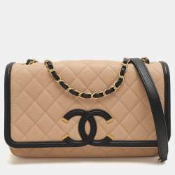 Chanel Beige/Black Leather Medium CC Filigree Flap Bag