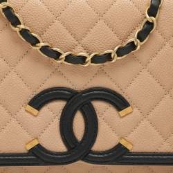 Chanel Beige/Black Leather Medium CC Filigree Flap Bag