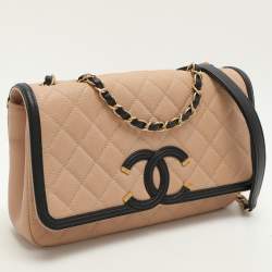 Chanel Beige/Black Leather Medium CC Filigree Flap Bag