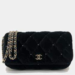 Chanel Black Velour Matelasse Rhinestone Chain Shoulder Bag