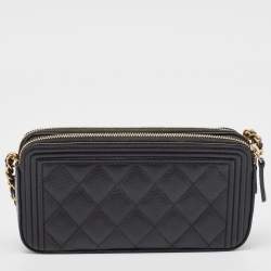 Pre Owned Chanel Black Quilted Caviar Leather Double Zip Clutch Bag
