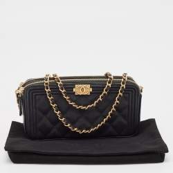Pre Owned Chanel Black Quilted Caviar Leather Double Zip Clutch Bag