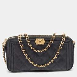 Pre Owned Chanel Black Quilted Caviar Leather Double Zip Clutch Bag