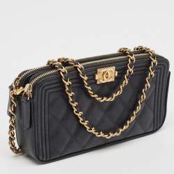 Pre Owned Chanel Black Quilted Caviar Leather Double Zip Clutch Bag