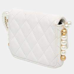 Chanel White Quilted Lambskin About Pearls Card Holder On Chain