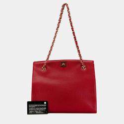 Chanel Red CC Caviar Turn Lock Chain Tote