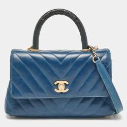 Chanel Blue Quilted Leather and Lizard Mini Coco Top Handle Bag