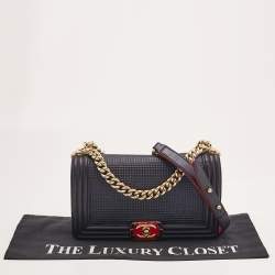 Chanel Navy Blue Cube Embossed Leather Medium Boy Flap Bag