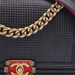 Chanel Navy Blue Cube Embossed Leather Medium Boy Flap Bag