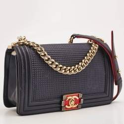 Chanel Navy Blue Cube Embossed Leather Medium Boy Flap Bag