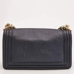Chanel Navy Blue Cube Embossed Leather Medium Boy Flap Bag