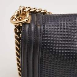 Chanel Navy Blue Cube Embossed Leather Medium Boy Flap Bag