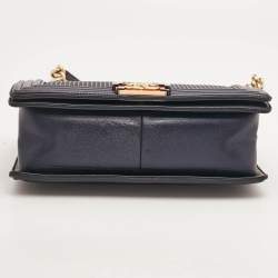 Chanel Navy Blue Cube Embossed Leather Medium Boy Flap Bag