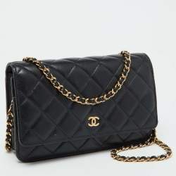 Chanel Black Quilted Leather CC Classic Wallet On Chain