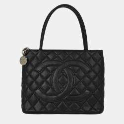 Pre Owned Chanel Black Calfskin Medallion Tote Handbag