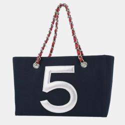Chanel Navy Silver Canvas No.5 Choco Bar Tote Handbag