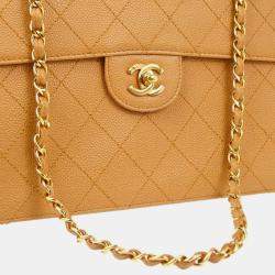 Pre Owned Chanel Beige Calfskin Single Flap Shoulder Bag
