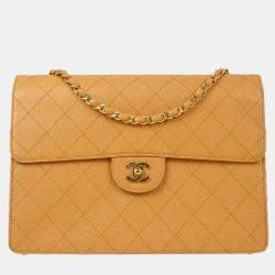 Pre Owned Chanel Beige Calfskin Single Flap Shoulder Bag