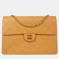 Pre Owned Chanel Beige Calfskin Single Flap Shoulder Bag