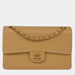 Pre Owned Chanel Beige Calfskin Medium Classic Single Flap Shoulder Bag