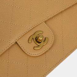 Pre Owned Chanel Beige Calfskin Medium Classic Single Flap Shoulder Bag