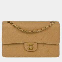Pre Owned Chanel Beige Calfskin Medium Classic Single Flap Shoulder Bag