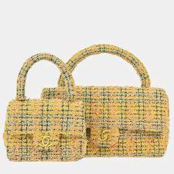 مملوكة مسبقًا Chanel Yellow Tweed Classic Single Flap 2 In 1 Hand Bag Set