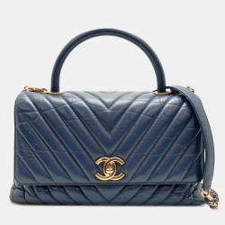 Chanel Calf Leather Blue V-stitch Coco Handle Chain Shoulder Bag