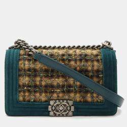 Chanel Velour Tweed Brown Multicolor Green Boy Chanel Matelasse Coco Mark Chain Shoulder Bag