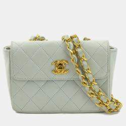 Pre Owned Chanel Leather Light Blue Gold Matelasse Shoulder Bag
