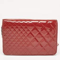 Chanel Red Quilted Patent Leather Classic Wallet On Chain