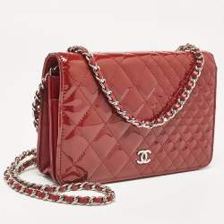 Chanel Red Quilted Patent Leather Classic Wallet On Chain