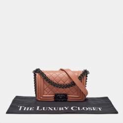 Pre Owned Chanel Peach Quilted Leather Small Boy Flap Bag